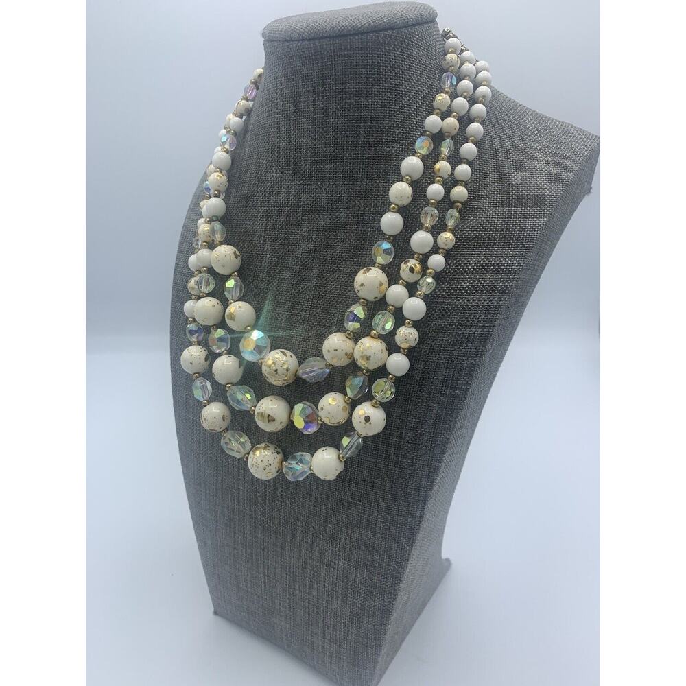 Vtg Coro Triple Strand White Gold Beaded Necklace Aurora Borealis Statement